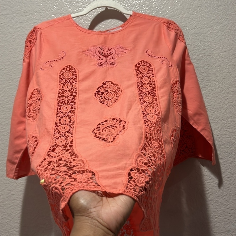 Saint Tropez West Cotton Lace blouse top long sleeve coral pink M Vacay Casual - Picture 4 of 14